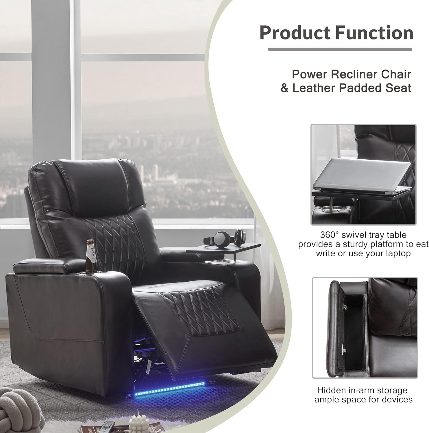 Electric Recliner with USB Charge Port, Cup Holders and LED Light